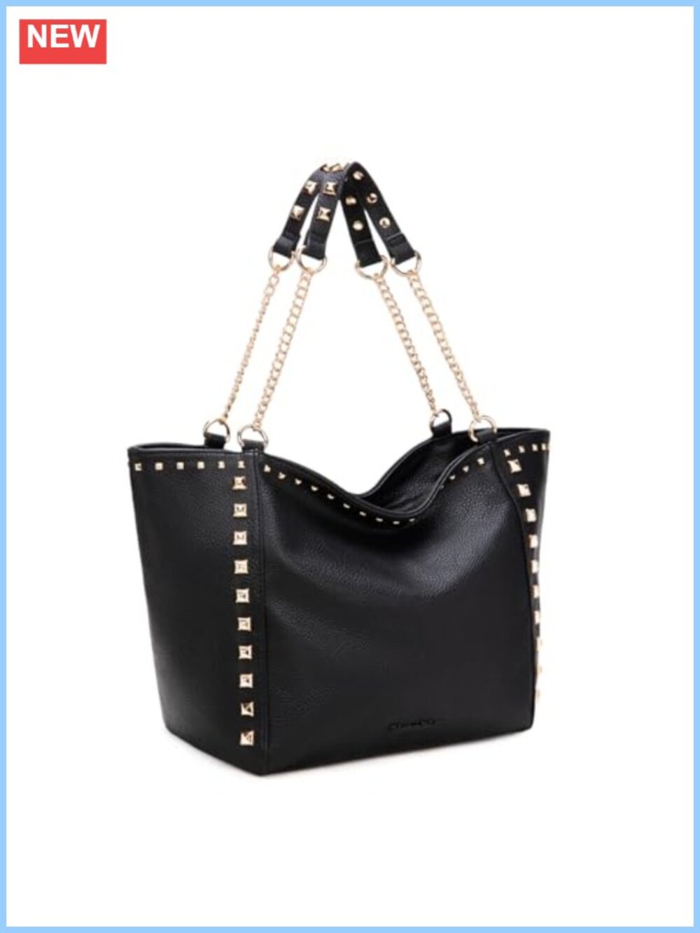 Oversized Vegan Leather Tote with Chain Handle Studded Hobo Shoulder Bag
